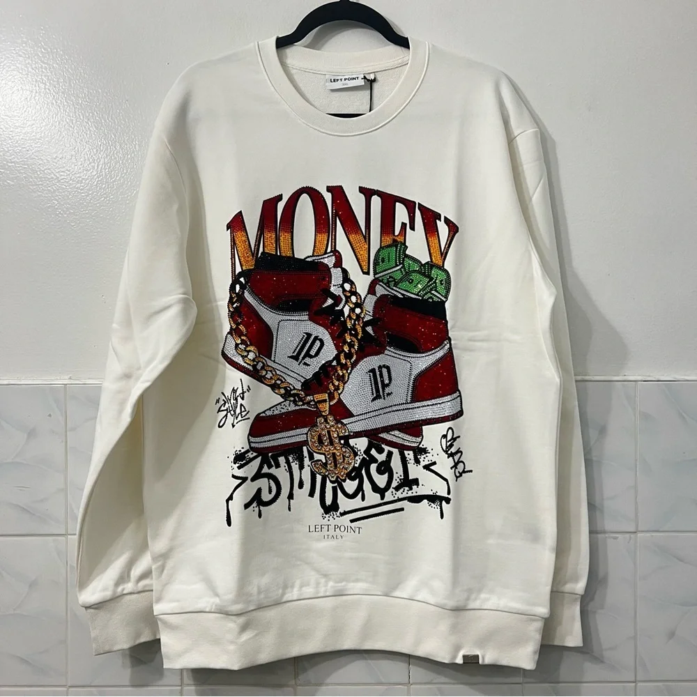 Left Point Sweatshirt Money Sneakers Graffiti Rhinestones Y2K 90s Streetwear 3XL